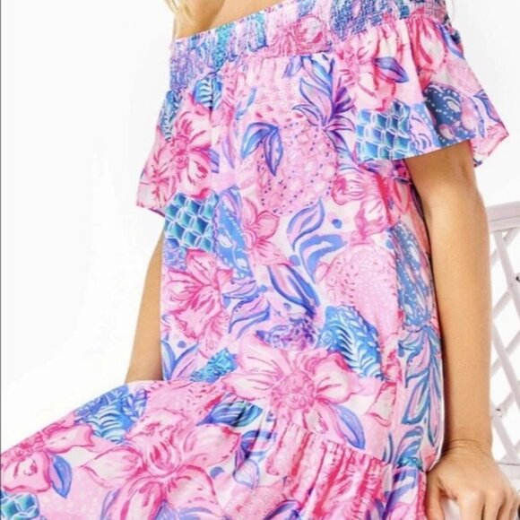 Lilly Pullitzer NWT Dezi Off-The-Shoulder Maxi Dress Pink Isle Snappy Turtle XS - Picture 4 of 9